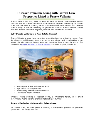 Discover Premium Living with Galvan Luxe: Properties Listed in Puerto Vallarta