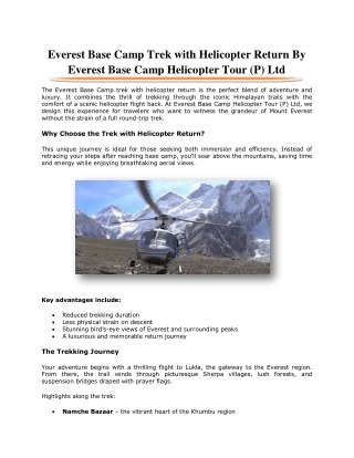 Everest Base Camp Trek with Helicopter Return By Everest Base Camp Helicopter Tour (P) Ltd
