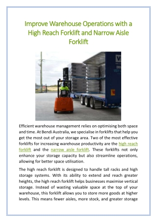 Improve Warehouse Operations with a High Reach Forklift and Narrow Aisle Forklift