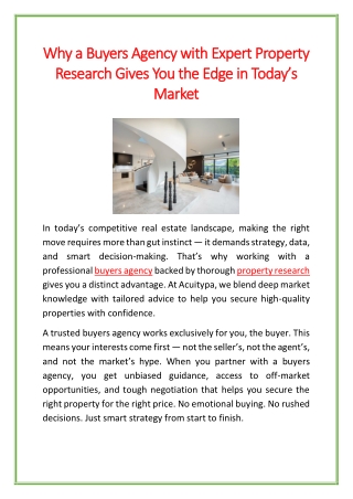 Why a Buyers Agency with Expert Property Research Gives You the Edge in Today’s Market