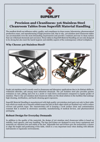 Precision and Cleanliness 316 Stainless Steel Cleanroom Tables from Superlift Material Handling