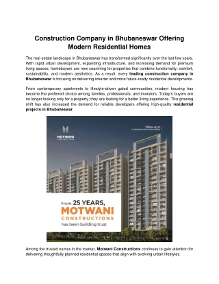 Construction Company in Bhubaneswar Offering Modern Residential Homes