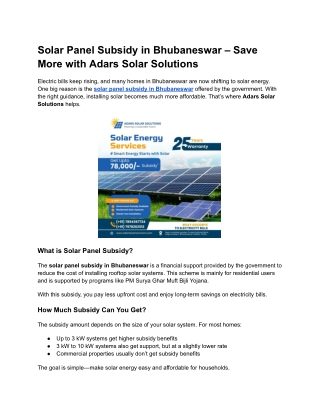 Solar Panel Subsidy in Bhubaneswar – Save More with Adars Solar Solutions