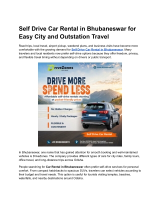 Self Drive Car Rental in Bhubaneswar for Easy City and Outstation Travel