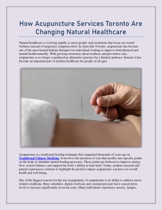 How Acupuncture Services Toronto Are Changing Natural Healthcare