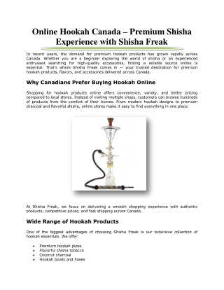 Online Hookah Canada – Premium Shisha Experience with Shisha Freak