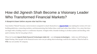 How did Jignesh Shah Become a Visionary Leader Who Transformed Financial Markets