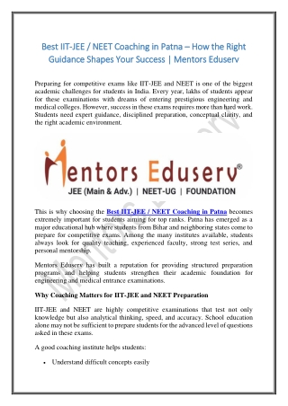 Best IIT-JEE  NEET Coaching in Patna – How the Right Guidance Shapes Your Success  Mentors Eduserv