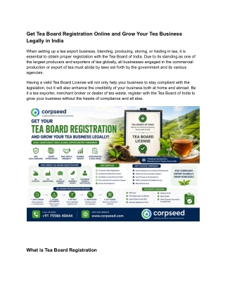 Get Tea Board Registration Online and Grow Your Tea Business Legally in India