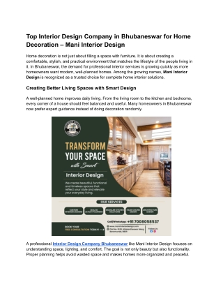 Top Interior Design Company in Bhubaneswar for Home Decoration – Mani Interior Design