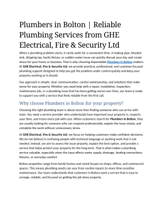 1- Plumbers in Bolton  Reliable Plumbing Services from GHE Electrical, Fire & Security Ltd