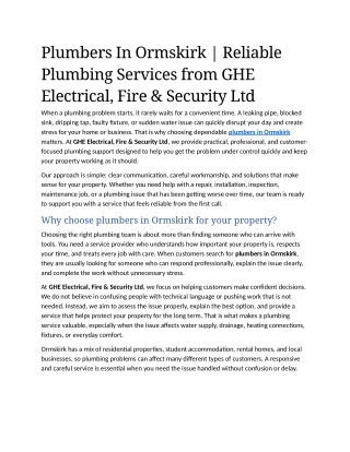 3- plumbers in ormskirk  Reliable Plumbing Services from GHE Electrical, Fire & Security Ltd