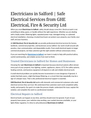 5- Electricians in Salford  Safe Electrical Services from GHE Electrical, Fire & Security Ltd