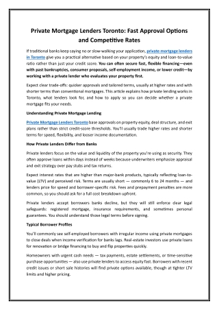 Private Mortgage Lenders Toronto Fast Approval Options and Competitive Rates