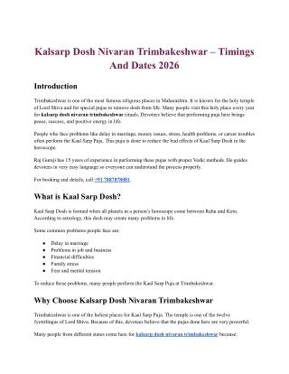 Kalsarp Dosh Nivaran Trimbakeshwar – Timings And Dates 2026