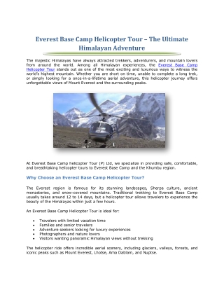 Everest Base Camp Helicopter Tour – The Ultimate Himalayan Adventure