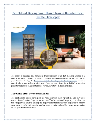 Benefits of Buying Your Home from a Reputed Real Estate Developer