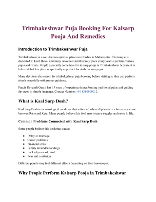 Trimbakeshwar Puja Booking For Kalsarp Pooja And Remedies