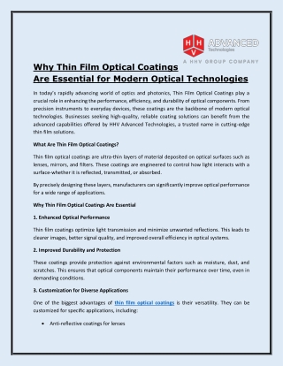 Why Thin Film Optical Coatings Are Essential for Modern Optical Technologies