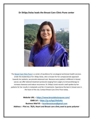 Dr Shilpy Dolas leads the Breast Care Clinic Pune center
