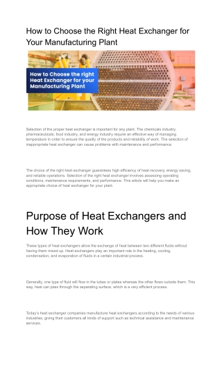 How to Choose the Right Heat Exchanger for Your Manufacturing Plant