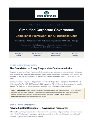 Simplified Corporate Governance Compliance Framework for All Business Units