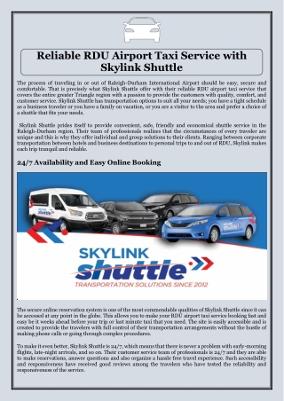 Reliable RDU Airport Taxi Service with Skylink Shuttle