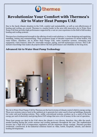Revolutionize Your Comfort with Thermea's Air to Water Heat Pumps UAE