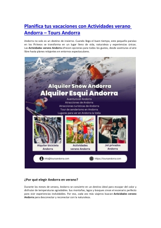 Planifica tus vacaciones con Actividades verano Andorra – Tours Andorra