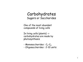 Carbohydrates Sugars or Saccharides