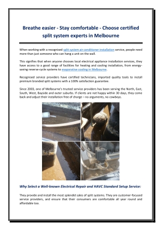 Breathe easier - Stay comfortable - Choose certified split system experts in Melbourne