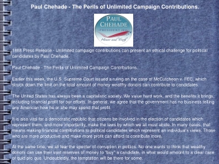 Paul Chehade - The Perils of Unlimited Campaign Contribution