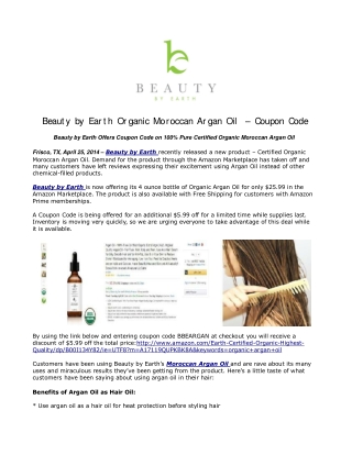 Beauty by Earth Organic Moroccan Argan Oil – Coupon Code