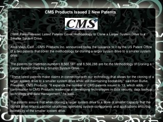 CMS Products Issued 2 New Patents