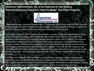 American Hydroformers, Inc. to be Featured