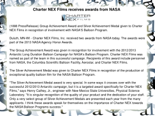 Charter NEX Films receives awards from NASA