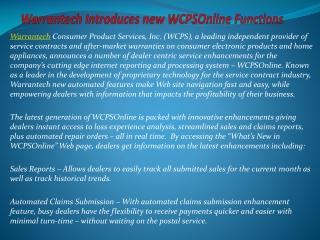 Warrantech Introduces new WCPSOnline Functions