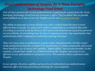 Gluu’s endorsement of Toopher for a Texas Emerging Technolo