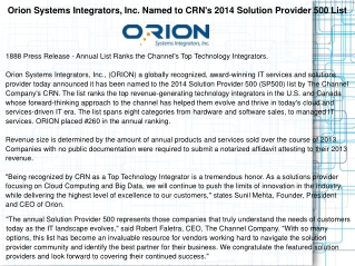 Orion Systems Integrators, Inc. Named to CRN's 2014 Solution