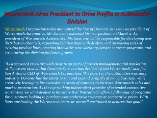 Warrantech Hires President to Drive Profits in Automotive Di