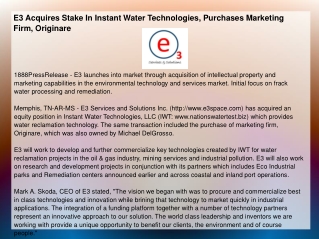 E3 Acquires Stake In Instant Water Technologies