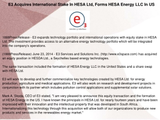 E3 Acquires International Stake In HESA Ltd, Forms HESA