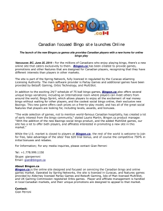 Canadian focused Bingo site launches Online