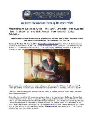 Mountainsong Galleries Artist William A. Schneider was award