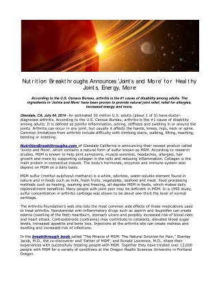 Nutrition Breakthroughs Announces 'Joints and More' for Heal