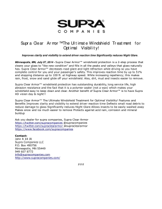 Supra Clear Armor™ The Ultimate Windshield Treatment for Opt
