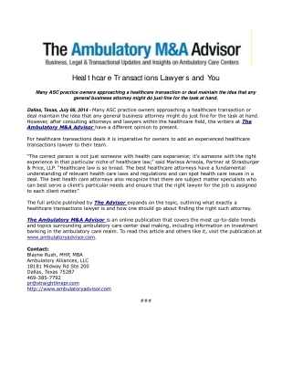 Healthcare Transactions Lawyers and You