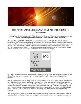 New Study Shows Magnesium Effective for Hot Flashes in Menop