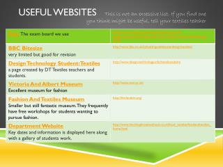 Useful Websites This is not an excessive list. If you find one you think might be useful, tell your textiles teacher