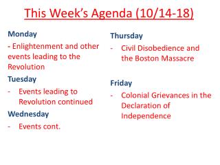 This Week’s Agenda (10/14-18)
